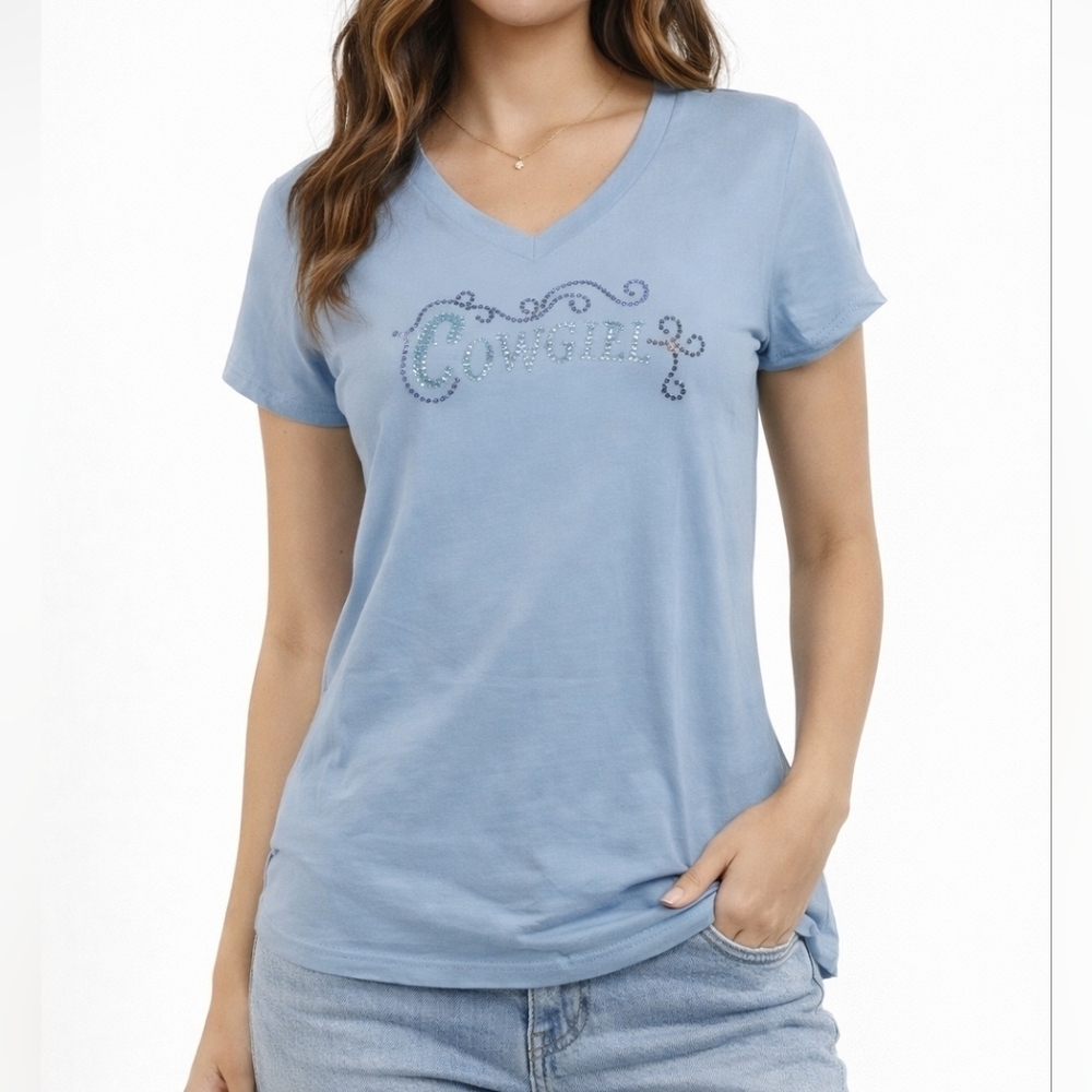 3/$30 DANSKIN Blue Ice Bedazzled Cowgirl V-Neck Rodeo T-shirt